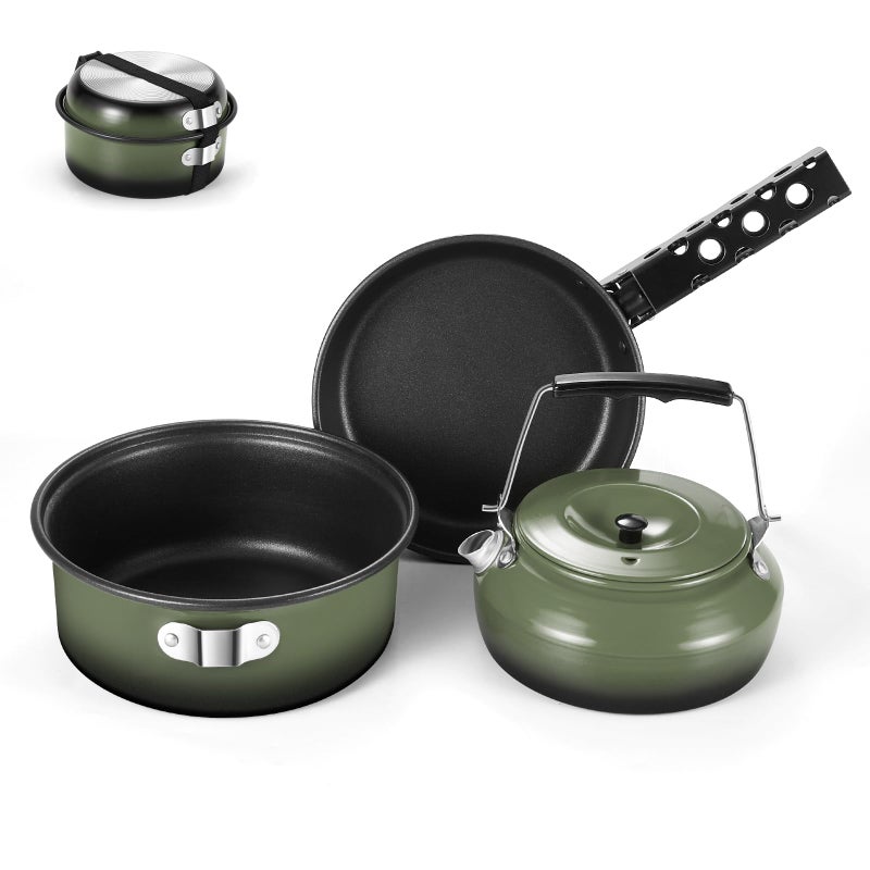 Odoland 5pcs Camping Cookware Non-Stick Camping Pot and Pan Set with Kettle and Removable Handle for Hiking Backpacking and Picnic - Image 2